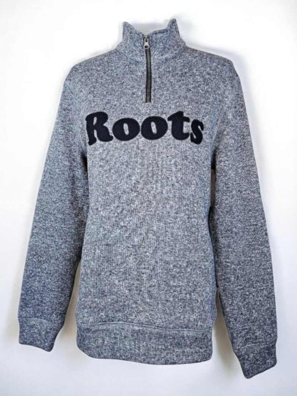 Roots Canada Quarter-Zip Fleece Pullover Heathered Gray and White Size SP